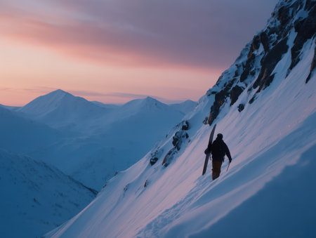 Backcountry snowboarder ascending snowy mountain range at dawn, carrying gear for an extreme adventure, finding solitude and freedom in the alpine wildernessの素材