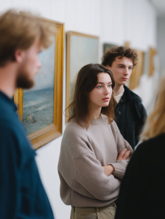 Young woman standing in an art gallery focusing on a painting, participating in an educational tour with her classmates, engaging with art and cultureの素材