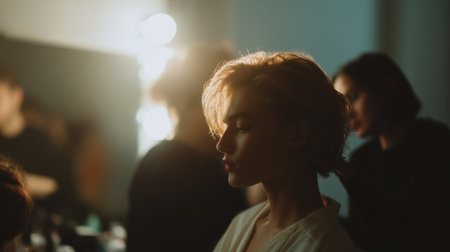 Model preparing backstage for a fashion show, receiving finishing touches before entering the runway, reflecting contemplation, patience, and focus in commercial beauty and styleの素材