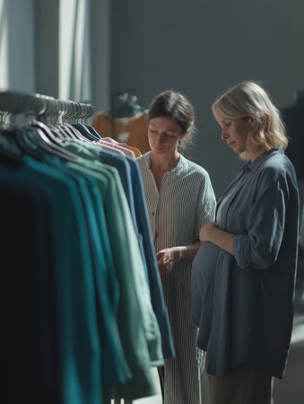 Pregnant woman with a female friend shopping for maternity clothing in a retail store, standing by a rack of clothes and choosing new fashion items while preparing for a babyの素材