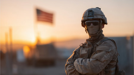 Military soldier standing with arms crossed. Wearing uniform and helmet. Protecting the country during sunset with an American flag blurred in the background. Representing national security. Strengthの素材