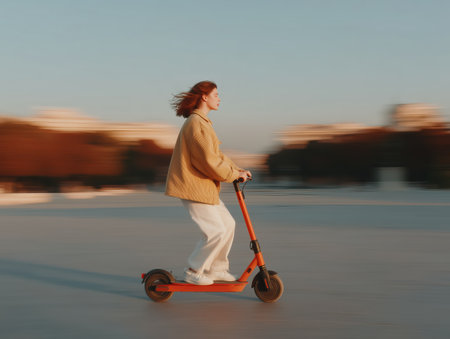 Young woman riding an electric scooter through city streets at dusk, motion blurred background capturing speed, freedom and eco friendly urban mobility in warm sunset lightの素材