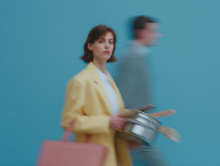 Woman in yellow blazer carrying shopping bag and cookware, looking at camera while man with motion blur walks past, representing balancing modern work and domestic life expectationsの素材