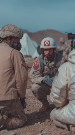 Swiss military medic in camouflage and helmet marked with a medical symbol focused during a daytime field training exercise in arid, rocky terrain, crouching and ready for emergency careの素材