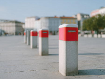 Concrete bollards featuring a red top section and white border, arranged in a line on a city square, effectively managing access and guiding pedestrian flow while enhancing public space designの素材