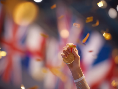 Athlete's hand holding a golden medal during a winner's celebration, with falling confetti and a blurred union jack flag in the background, symbolizing national pride and triumphの素材