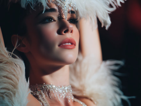 Showgirl performing elegant cabaret act, wearing sparkling rhinestone headdress and feathered costume, embodying vintage glamor, dance, and entertainment from the roaring twenties eraの素材