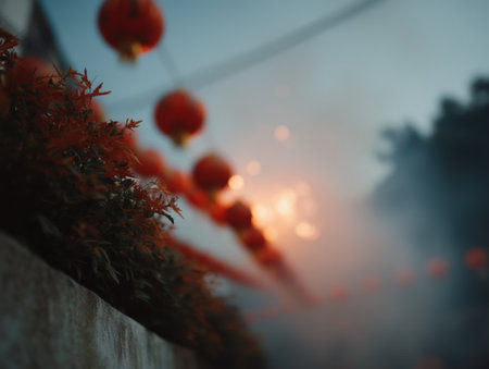 Red lanterns hanging in a line, softly blurring into the background with scattered bokeh highlights, creating a festive atmosphere during an evening celebration with orange light and smokeの素材