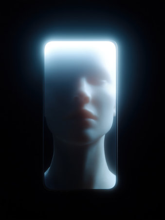 Humanoid face emerging from a glowing smartphone screen, symbolizing ai driven human machine interaction, digital identity, data, privacy and future connectivity in a dark abstract settingの素材