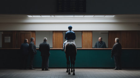 Jockey on horseback standing at a dimly lit betting counter, surrounded by men waiting or placing wagers, creating a conceptual scene combining horse racing, gambling, and a contemplative atmosphereの素材