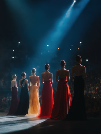 Women modeling elegant evening gowns, showcasing haute couture fashion on a dimly lit stage during a glamorous show, receiving recognition under a bright spotlightの素材