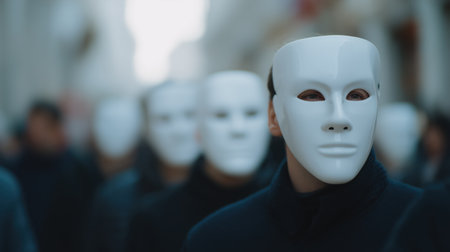 Crowd of masked people standing united, their similar white masks symbolizing anonymity, social conformity, protest, and the collective spirit of a movement or groupの素材