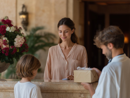 Family checking in at a hotel reception desk, a smiling woman and her child interacting with a hotel employee presenting a welcome gift, highlighting luxury hospitality and customer serviceの素材