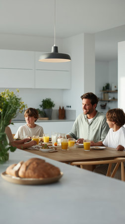 Father and sons sitting at a wooden dining table, sharing an enjoyable moment and a balanced breakfast with orange juice and croissants, embodying family togetherness and healthy habitsの素材