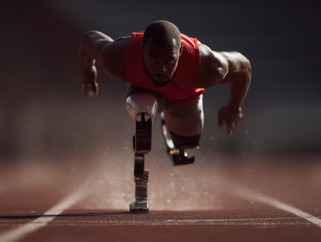 Male amputee sprinter with prosthetic running blades crouching at the starting line, focused and ready to racesymbol of determination, resilience and athletic power in competitionの素材