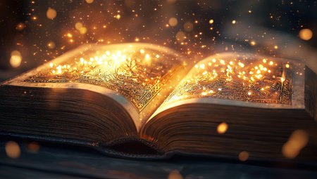 Open antique book with golden decorations on the cover is emitting golden light and magical sparks, resting on a wooden surface in a dark room, creating a mysterious and enchanting atmosphereの素材