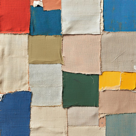 Close up of a vibrant patchwork quilt, showcasing a variety of fabrics and colors stitched together, creating an intricate and visually appealing abstract design with a textured, handmade feelの素材