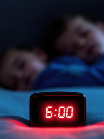 Digital alarm clock displaying 6,00 am on a bed, illuminating the dark room as two young children remain asleep in the background, representing morning routine and a new dayの素材