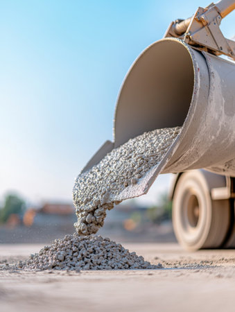 Concrete mixer truck pouring cement for building foundation at construction site under blue sky, representing industrial development and infrastructure progressの素材