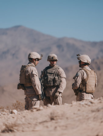 Soldiers in desert combat uniform standing in a barren landscape, discussing military strategy during an arid zone operation or training mission, preparing for tactical movementの素材