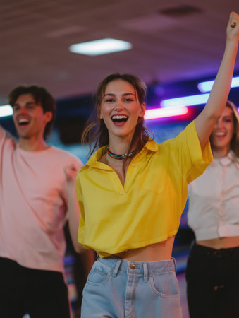 Young woman cheering and celebrating with friends during a lively night out at a bowling alley, sharing moments of triumph and fun while surrounded by vibrant neon lightsの素材