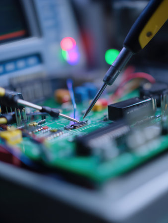 Technician working on a complex green circuit board, using a precision tool to examine and adjust electronic components and microchips, illustrating high tech repair and advanced engineeringの素材