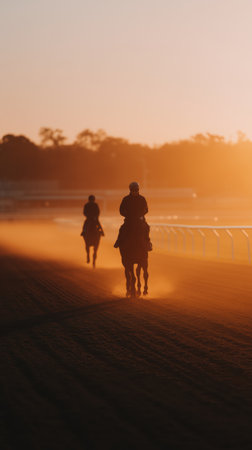 Racehorses and jockeys training on a dusty track at sunrise, silhouettes moving against an orange sky, practicing for an upcoming competition, emphasizing dedication, sport, and equestrian lifestyleの素材