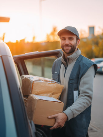 Delivery courier smiling beside service van at golden hour, holding multiple parcels and ready to deliver ordersprofessional, reliable shipping and customer focused serviceの素材