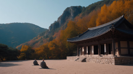 Buddhist monks meditating on mats in front of a traditional korean temple building. Surrounded by colorful autumn trees and a mountain landscape. Conveying a serene atmosphere and spiritual connectionの素材