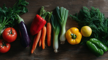 Colorful assortment of fresh organic vegetables and a lemon lying on a dark brown wooden surface. Symbolizing a vibrant. Healthy diet. Nutritious food preparation. And sustainable farm to table livingの素材
