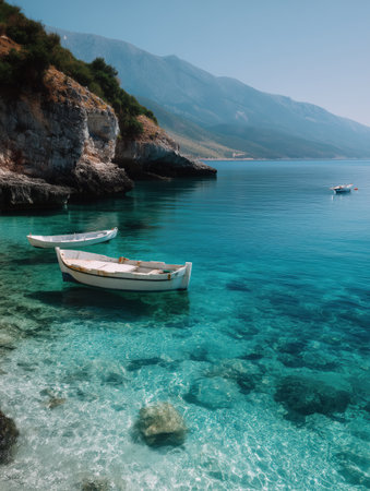 White traditional fishing boats floating peacefully on transparent turquoise sea near a rugged rocky coast and green mountains, embodying summer vacation tranquility and natural beautyの素材