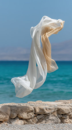 Flowing translucent fabric creating an ethereal dance in the wind over the turquoise sea, symbolizing freedom, lightness, and tranquility on a sunny day at the beachの素材