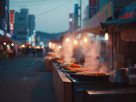 Korean street food stalls lining an urban market at dusk, preparing a variety of asian dishes with steam rising from hot pans and creating an inviting atmosphere for evening dinersの素材