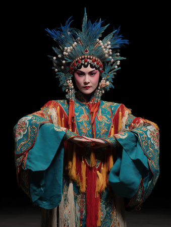 Chinese opera performer wearing elaborate traditional costume and makeup, posing with stylized hand gestures, showcasing rich culture, art, and ancient tradition on a dark backgroundの素材