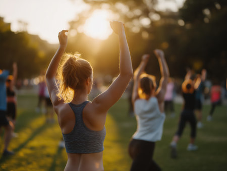 Woman with arms raised participating in a group fitness workout class at sunset, enjoying an outdoor session focused on health, wellness, and an active lifestyleの素材