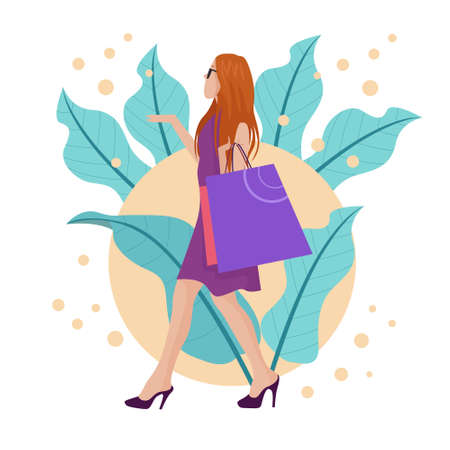 Vector graphic illustration of a woman with a collection of shopping bags in hand. shopping flat designのイラスト素材