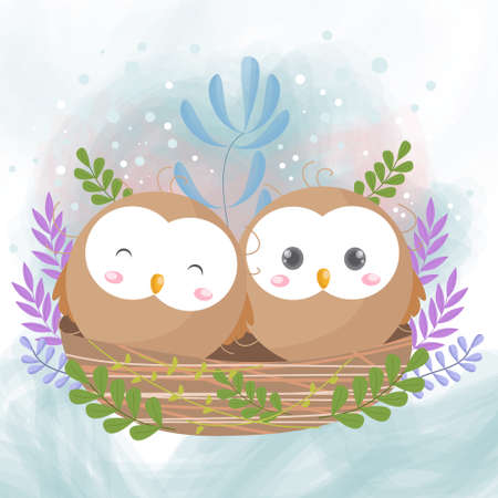 Draw a romantic and cute couple of owls with watercolorのイラスト素材