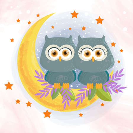 Draw a romantic and cute couple of owls with watercolorのイラスト素材