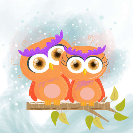 Draw a romantic and cute couple of owls with watercolorのイラスト素材