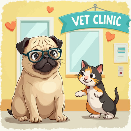 Cute dog, cat and pug in the vet clinic illustrationのイラスト素材