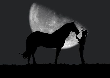 Illustration of a silhouette of the cowboy which costs near a horseの写真素材