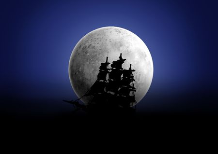 Black silhouette of a ship which float under the moonの写真素材