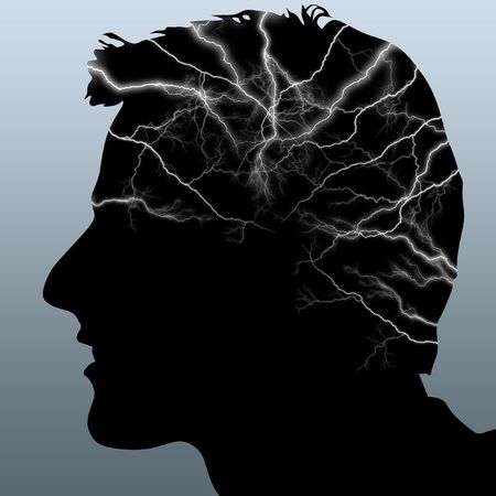 Illustration of a silhouette of a head with lightnings in itの写真素材