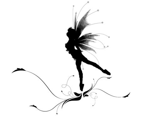 Illustration of a silhouette dancing elf on a beautiful flowerの写真素材