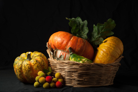 A group of pumpkins, placed in a wicker basket,  with a black background and a grazing light. Inspired to Renaissance still life paintings.の写真素材