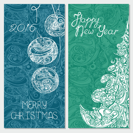 decorative banner set with christmas tree and xmas balls 2016のイラスト素材