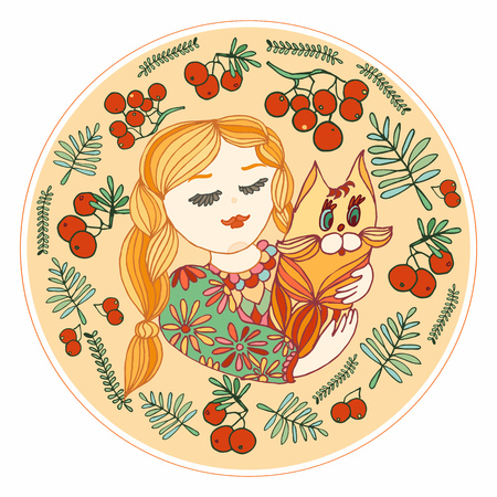 Young girl with a cat. Yellow, green and red vector decorative illustration. Ornament with leaves and rowanのイラスト素材