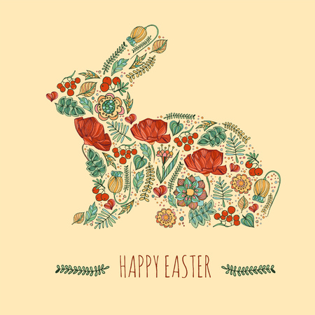 Happy easter card  illustration with floral decorative easter bunny, easter rabbitのイラスト素材
