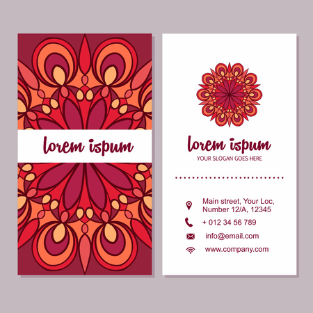 Visiting card and business card set with mandala design element. Abstract oriental design Layout. Front page and back page.のイラスト素材