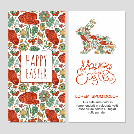 Happy easter cards illustration with decorative floral easter bunny, easter rabbit and hand letteringのイラスト素材